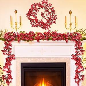 Christmas Garland Decorations, 6Ft Red Berry Garland, Artificial Winter Berry Garland for Fireplace, Christmas Holiday New Year Decor