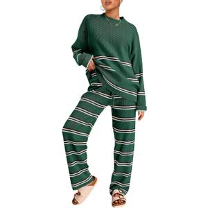 LILLUSORY 2 Piece Sets for Women 2025 Fall Outfits Two Piece Lounge Sets Sweatsuits Striped Knit Sweater Clothes Fashion (Medium, Stripes Green)