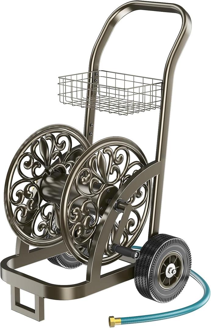 GOFORWILD Garden Hose Reel Cart with Wheel, Hold up to 200 Ft of 5/8" Hose, Heavy Duty Steel Frame Water Hose Reel Cart with Storage Basket, Mobile Hose Reel for Outside Garden Lawn Yard