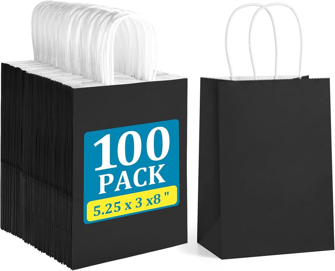 BagDream Black Gift Bags 5.25x3x8 Small Kraft Paper Bags with Handles Bulk 100Pack for Halloween, Party favor, Small Business, Retail, Merchandise, Black Paper Grocery Sacks
