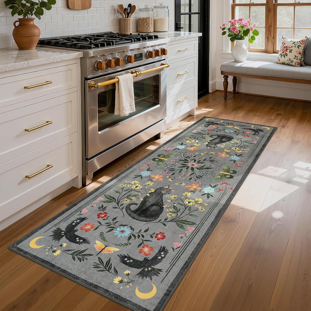 GarveeHome 2x6 Cat Washable Runner Rug for Kitchen, Soft Grey Hallway Runner Non Slip Mushroom Moths Entryway Rug Floral Laundry Mat Stain Resistant Carpet for Bedroom Bathroom Beside Rug