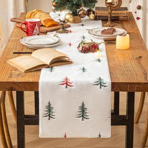 Faux Fur Christmas Table Runner with Embroidered Tree Design, Soft Fluffy Holiday Decor for Dining Table Fireplace Mantel (13" x 90")