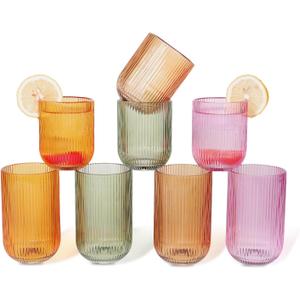 Set of 8 Dopamine-colored-match Ribbed Glassware,4 Highball Glasses 14oz & 4 Rocks Drinking Glasses 9oz, Origami Style, Fluted Design, for Daily use, Water, Cocktail, Whiskey, Kitchen, Gift