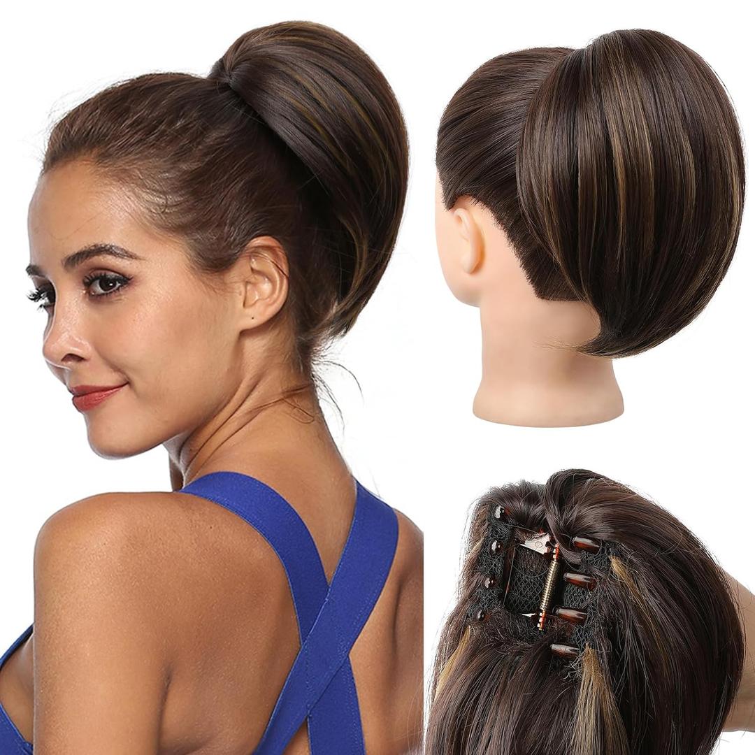 REECHO Ponytail Extension, 8" Short Mini Claw Clip Pony Tail Hair Extensions Natural Soft Feather-Light Tension-Free Ponytail Hairpiece for Women with Short Fine Thin Hair - Dark Brown with Highlights