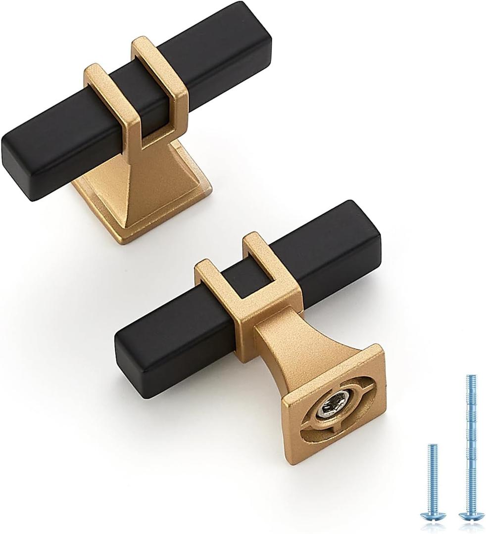 5 Pack 2 inch Black & Gold Cabinet Handles Square Zinc-Alloy Pulls for Kitchen Dresser Closet and Bathroom Cabinets Hardware (Single Hole)