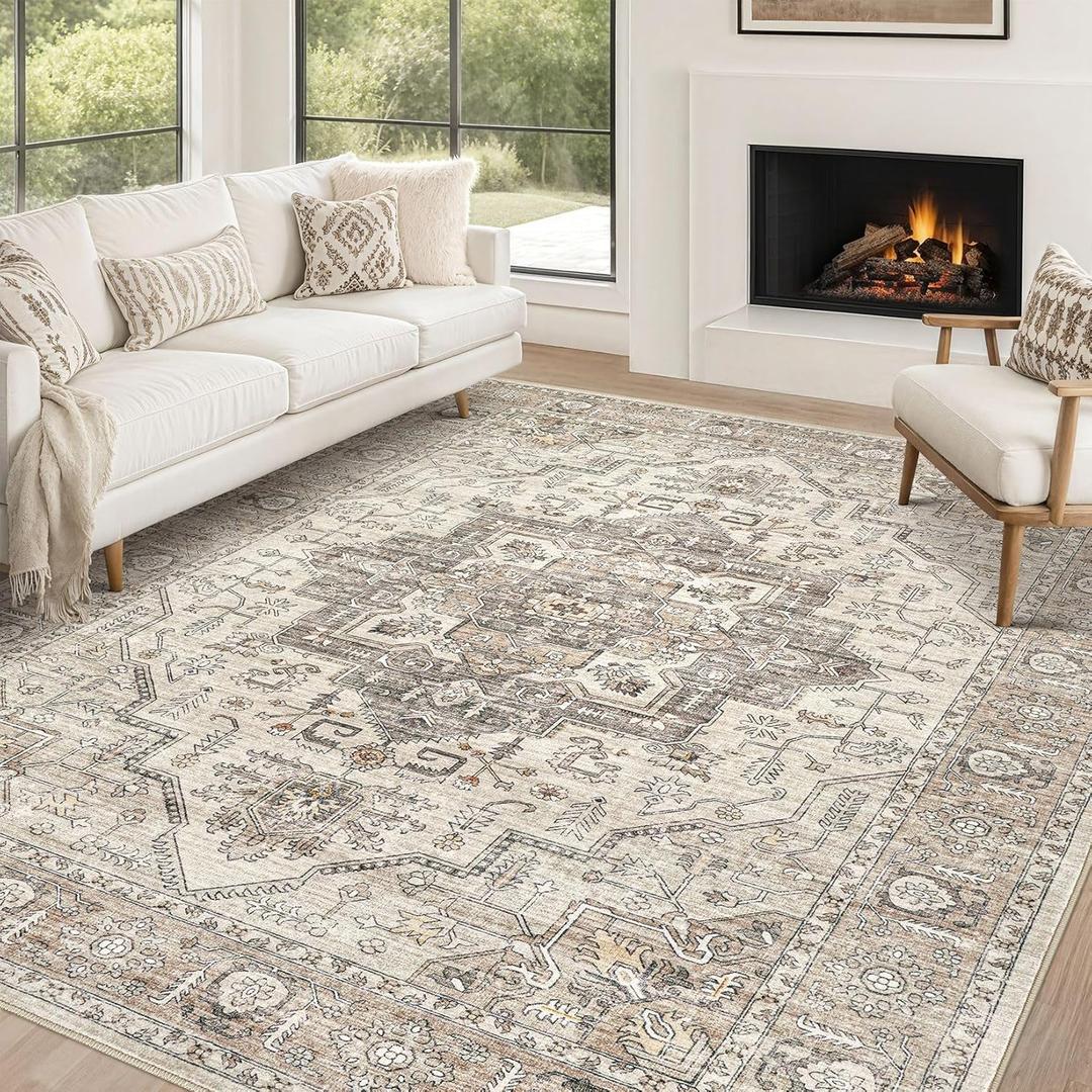Area Rug 10x14 Washable Vintage - Soft Traditional Rug for Living Room Bedroom Dining Room or Home Office -Non Slip Backing Large Rugs with Low Pile Farmhouse Oriental Retro Carpet - Light Brown