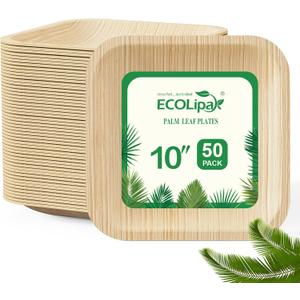 ECOLipak 10 Inch Compostable Palm Leaf Plate Like Bamboo Plate, 50 Pack Disposable Biodegradable Plates Suitable for Party, Dinner