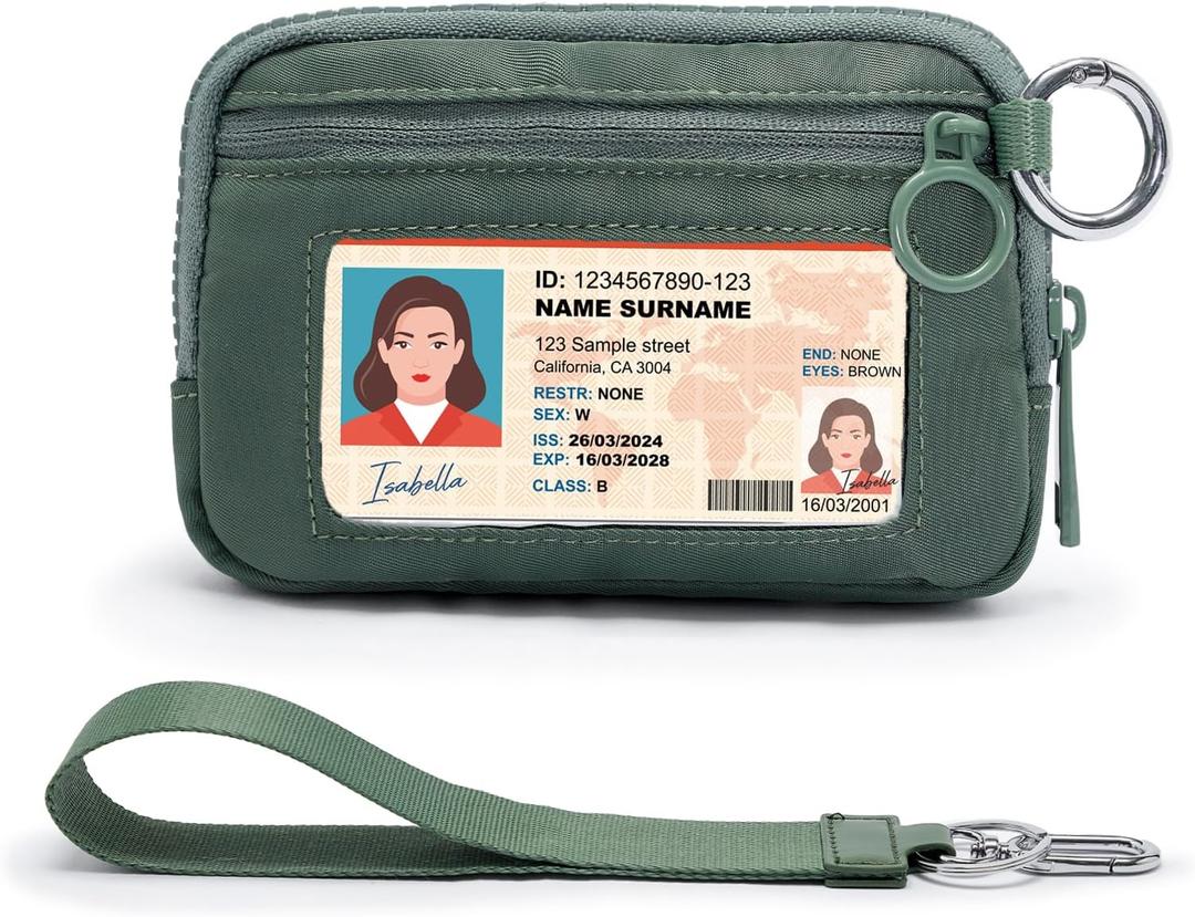 YDF The Iris Wallet for Women Mini Zip Card Case with Clear ID Window Zipper Coin Purse Lightweight Portable Keychain Wallet (Green)