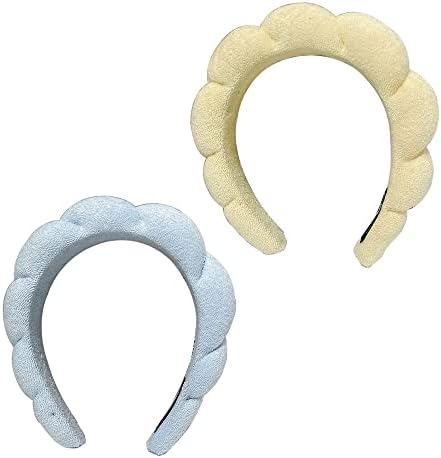 2PCS Skincare Headbands, Sponge Terry Cloth Makeup Headband Wide Headbands For Face Washing Makeup Removal Skincare (White+Yellow)