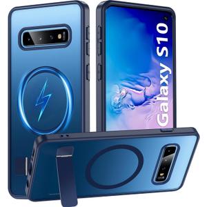 for Samsung Galaxy S10 Case with Stand, Magnetic Galaxy S10 Case Translucent Matte Military Grade Adjustable Kickstand Shockproof Protective Bumper Phone Case for Samsung S10,Blue