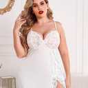 Avidlove Plus Size Lingerie For Women Sexy Satin Nightgown Lace Babydoll Side Slit Strappy Chemise Nightwear (White)