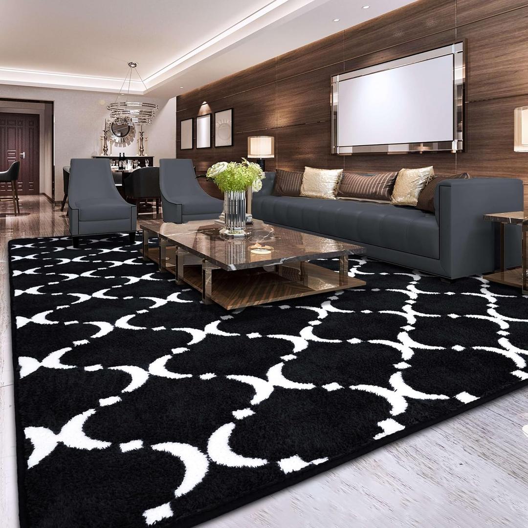 Comeet Modern Geometric Shag Area Rug for Bedroom, 7'x10' Memory Foam Floor Mat Washable Non-Slip Rug, Indoor Carpet for Living Room, Bedside, Office, Kids Nursery Dorm, Home Decor Black/ White