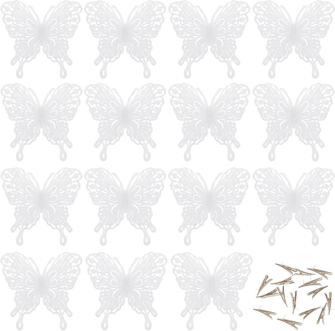 15 PCS Glitter Butterfly Christmas Tree Ornaments, Hollow-Out Butterfly Christmas Decoration with Clips, Craft Xmas ornaments, Christmas Tree, Wreath, Garland, Office, Home Decorations, White