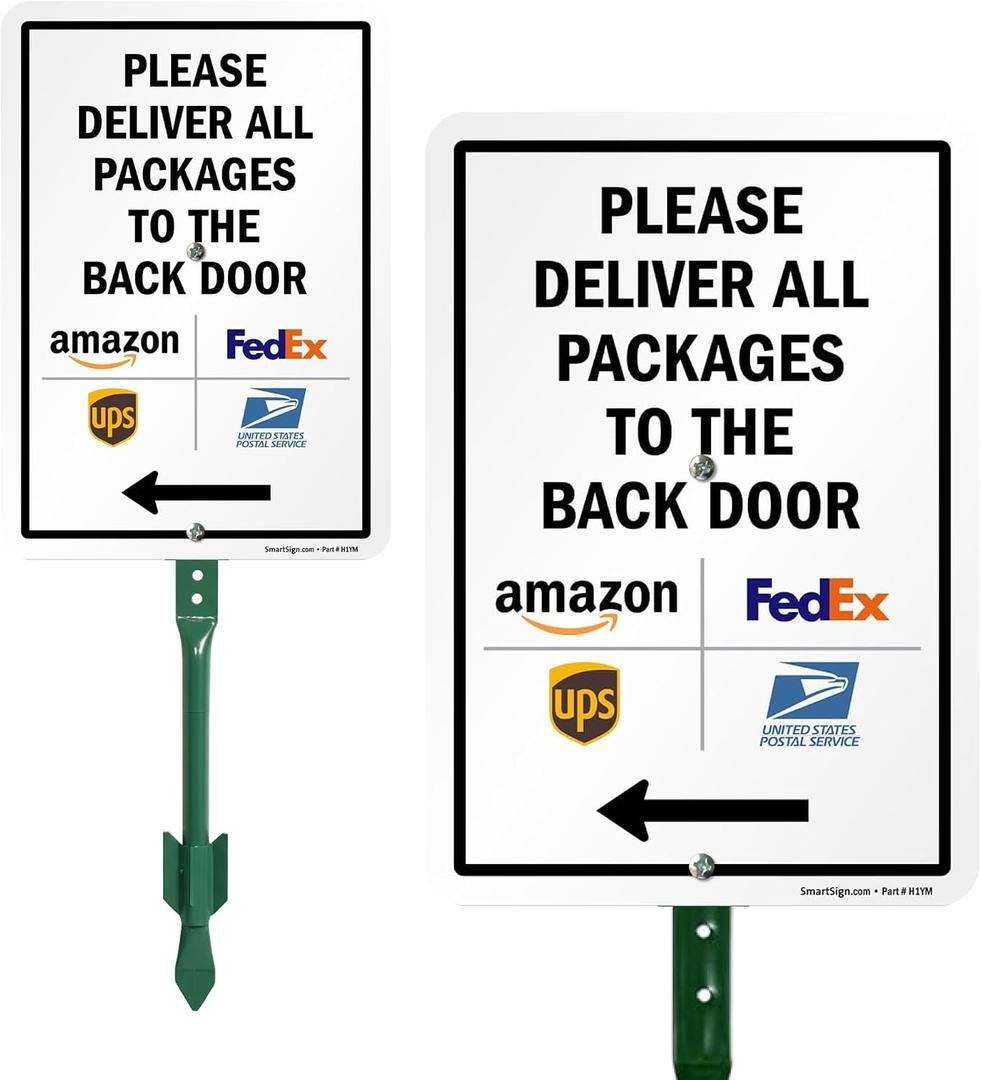 SmartSign 10 x 7 inch Please Deliver All Packages To The Back Door Left Arrow Yard Sign, 40 mil Laminated Rustproof Aluminum, 21.5 inch Tall Sign & Stake Kit, Multicolor
