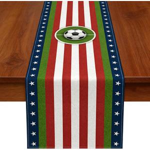 Soccer Table Runner, World Cup Soccer Party Decorations, Table Runner for Dining & Kitchen Tables, Home Decor with Soccer Stripe Star Pattern (70.87"11.81")
