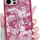 NITITOP Compatible with iPhone 13 Pro Case Clear Cute Rose Flower Floral Leaves Pattern for Women Girls Color Frame Slim Durable Shockproof Protective Phone Cover - Rose Red