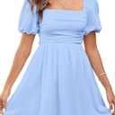 Women Puff Sleeve Graduation Short Dress Square Neck A Line Casual Sundress Beach Wedding Guest Mini Dress, XS