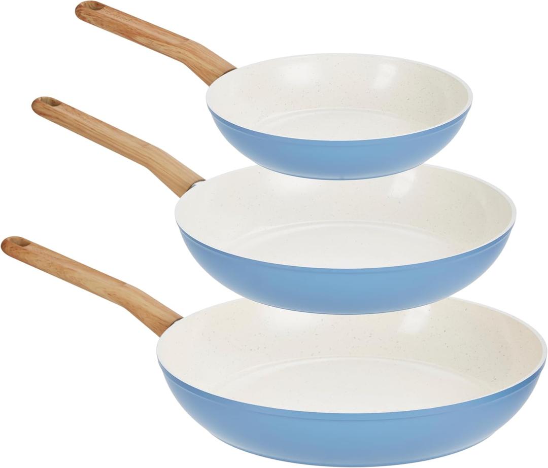 GoodCook Healthy Ceramic Titanium-Infused 3-Piece Fry Pan Set, Light Blue Induction Cookware, Nonstick Cooking Pan, Frying Pan Skillet for Eggs, Meats, Vegetables, Sauces, Warming Tortillas