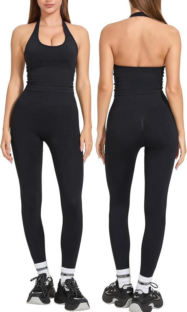 MOOSLOVER Women 2 Piece Workout Sets Halter Sports Bra Butt Lifting Leggings Gym Yoga Outfits (Medium, Black)