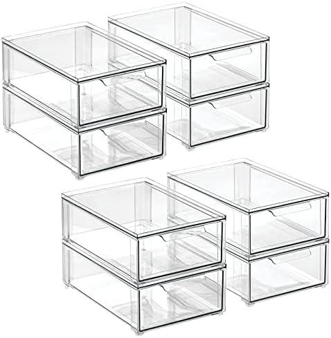 mDesign Plastic Stackable Bathroom Storage Organizer Bin with Pull Out Drawer for Cabinet, Vanity, Shelf, Cupboard, Cabinet, or Closet Organization - Lumiere Collection - 8 Pack - (Clear, 8 x 12 x 4)