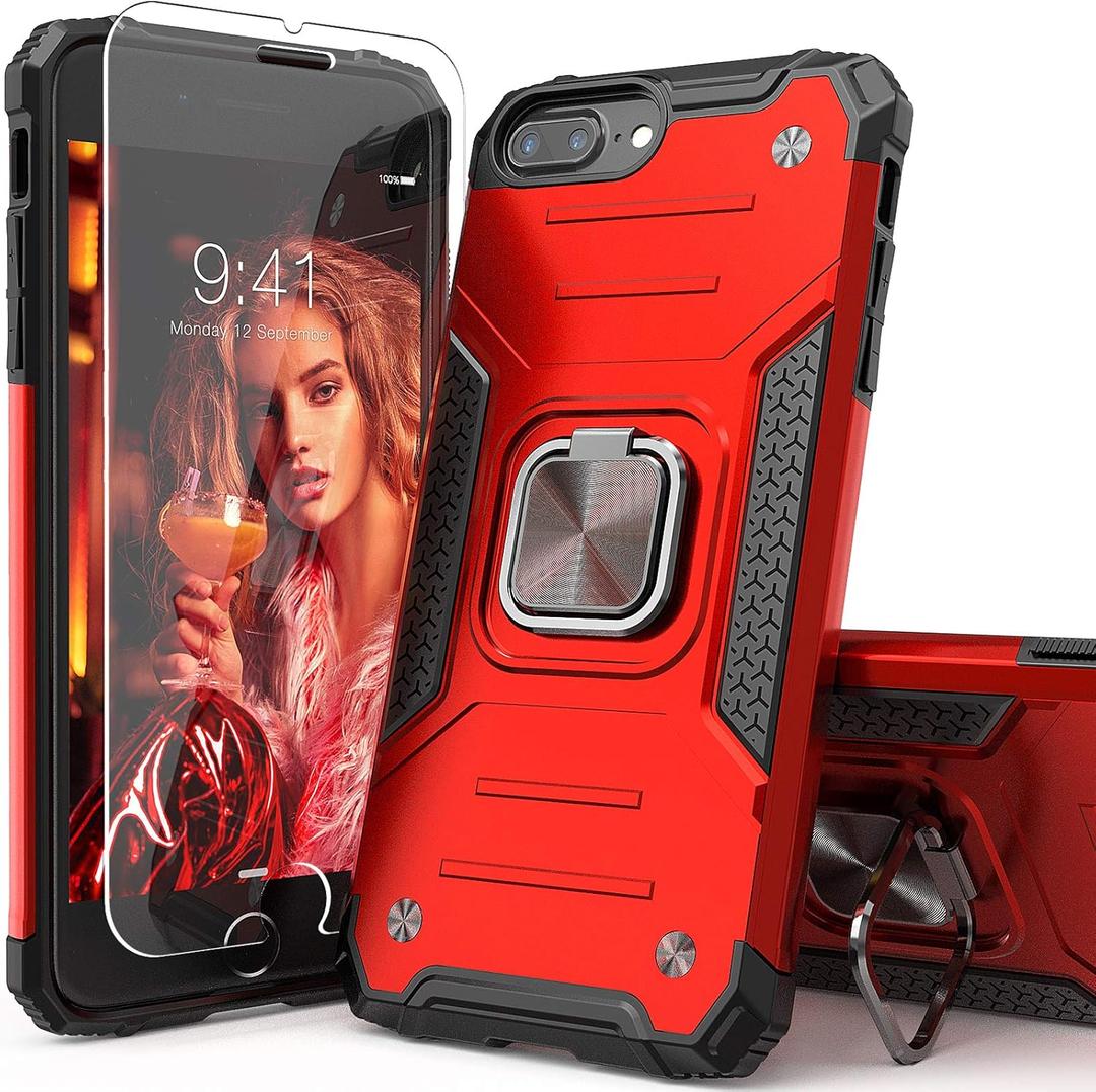 for iPhone 8 Plus Case with Screen Protector,Shock Absorption Drop Test Cover with Car Mount Kickstand Lightweight Protective Phone Case for iPhone 8 Plus/7 Plus/6S Plus,Red