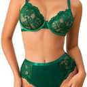 MakeMeChic Women's 2 Piece Floral Lace Lingerie Sets Push Up Cheeky Underwire Matching Bra and Panty Set Small