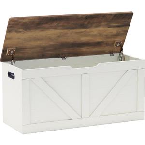 39.4" Storage Chest, Wooden Storage Bench, Large Storage Trunk with 2 Safety Hinges, Entryway Shoes Bench for Living Room, Bedroom, Brown and Rustic White