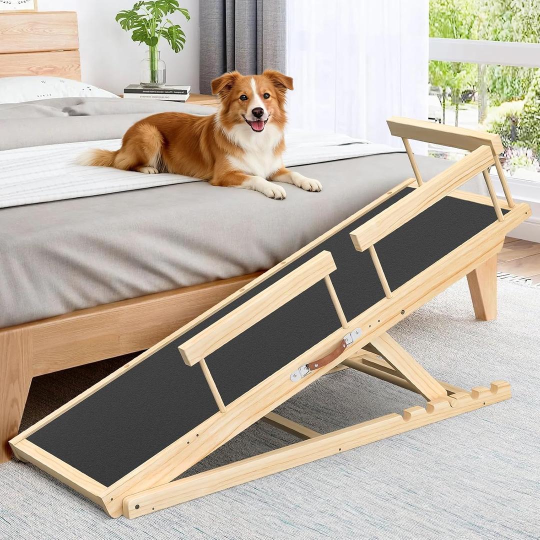 55.11" Adjustable Dog Ramp for Bed - Upgraded Wooden Pet Ramp with Non-Slip Silicone Surface and Side Rails, 6 Height Settings (19.68-27.55"), Holds Up to 250lb, Pet Stairs for Senior & Large Dogs