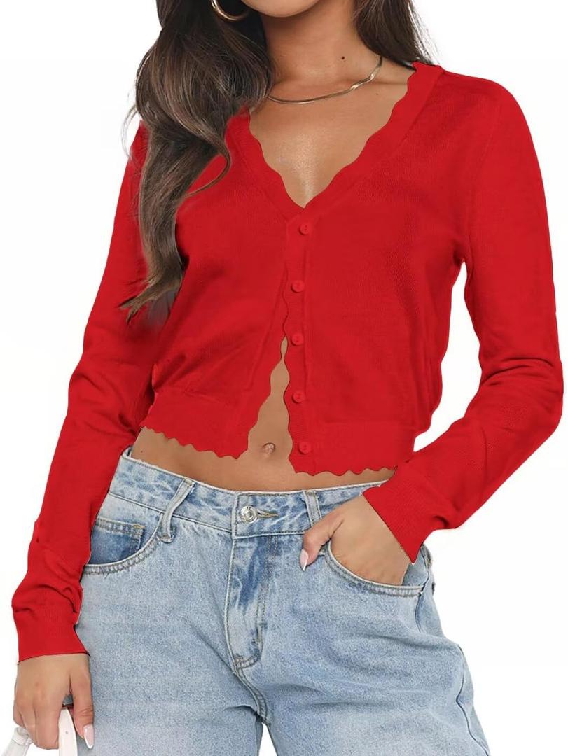 LEEDYA Women's Long Sleeve Cardigans Open Front Knit Cropped Sweaters Fall V Neck Button Down Jacket Tops (Red, M)