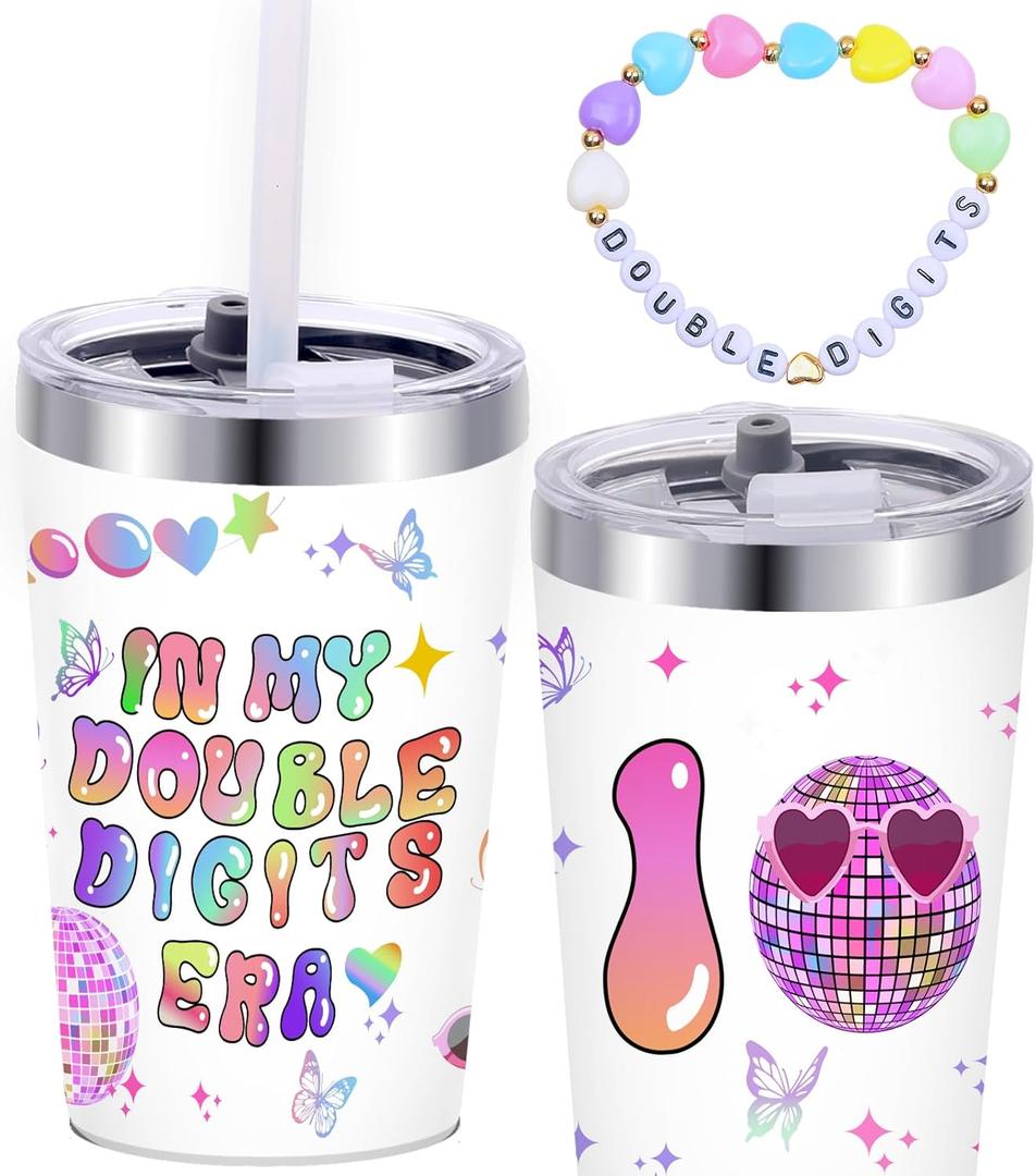 10th Birthday Gifts for Girls | Double Digits Era Birthday cup - 12 oz Cup and Pink Bracelet,Stainless Steel Mug Vacuum Insulated Tumbler with Straw,Gifts for 10 Year old girls Christmas New Year Gift