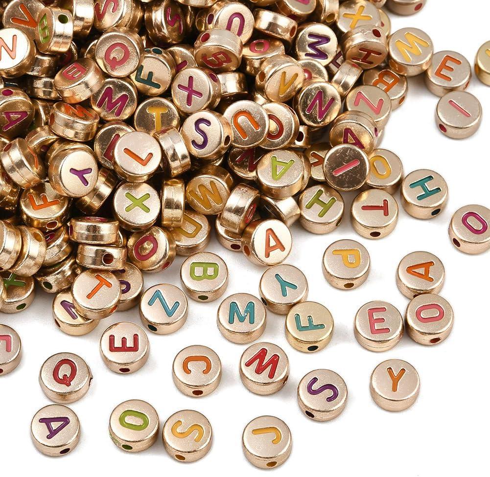7MM 1000PCS Acrylic Letter Beads with Holes Flat Round Opaque Assorted Alphabet Plastic Gold Wheat Loose Spacer Bead Bulk for Jewelry Making Bracelet Necklace Earrings DIY Crafts Supply