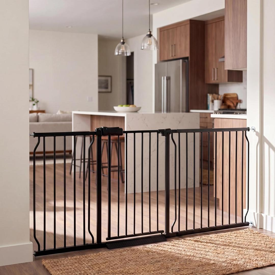 Extra Wide Baby Gate 71.5-76.3" Dog Gate for Doorways, Pressure Mounted No Drill Safety Gate for Kitchen, Hallways, Black Metal Pet Gate for Dogs