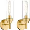 Emak Brushed Gold Sconces Wall Decor Set of 2, Modern Bathroom Light Fixtures Wall Sconce with Clear Glass Shade for Bathroom, Bedroom, Living Room, Hallway, WS085-BGD-2PK (13 inch - 2PC)