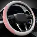 LKWLIKEI Nappa Leather Steering Wheel Cover,Elegant Diamond Checkered Design, Non-Slip wear-Resistant, Enhance Driving Comfort, Suitable for Steering Wheel Diameter 14 1/2-15 Models.White and Pink