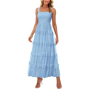 PRETTYGARDEN Women's Summer Dresses 2025 Sleeveless Smocked Tiered Ruffle Tulle A-Line Flowy Wedding Party Maxi Dress (Light Blue)