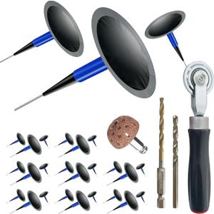 Tire Repair Patch Tool Kit Including 24pcs Tire Patch Plugs, Tungsten Buffing Wheel, Tire Patch Roller with 4mm Twist Drill Bits for Vehicle