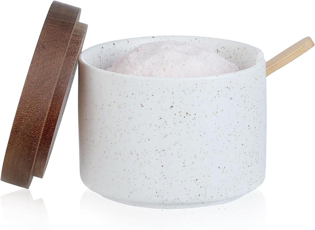 Ceramic Salt Cellar with Lid and Wooden Spoon, 8 Oz Speckled Salt Holder, Storage Canister for Sea Salt, Pepper, Spices, Herbs and Sugar