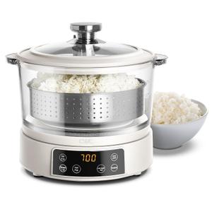 COOK WITH COLOR 3L Glass Low Carb Rice Cooker - Makes 6 Cups Cooked Low Sugar Rice with Auto Lift Filter Basket, Hotpot & Steamer for Rice, Grains and Oats, Digital Panel with Keep Warm, Cream