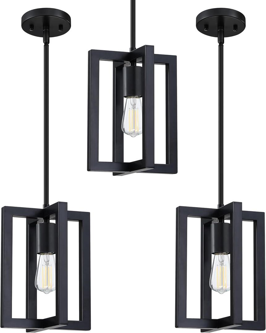 3 Pack 1 Light Hanging Industrial Kitchen Island Pendant Light Lantern Farmhouse Metal Cage, Black Finish Rustic Geometric Light for Over Sink Living Room Bedroom