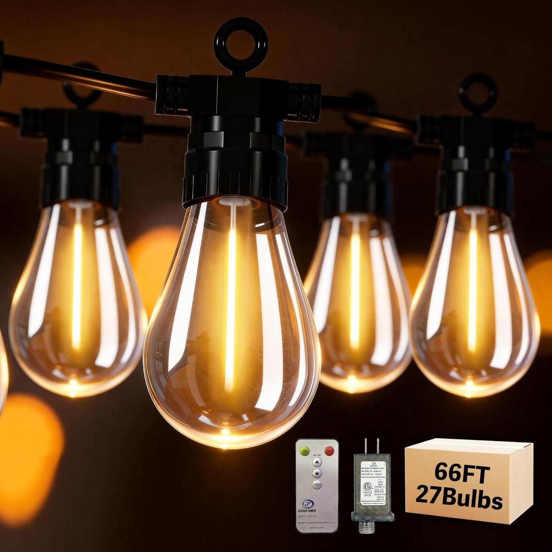 66FT Outdoor String Lights with Remote, 27 Dimmable Shatterproof LED Edison Bulbs, Waterproof Patio & Backyard Lights for Pergola, Deck, Garden, Bistro, Commercial Grade Hanging Lights