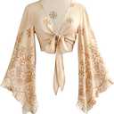 BEAUDRM Women's Boho Tops Wrap Western Country Concert 70s Outfits Tie Front Long Bell Sleeve Tops Hippie Disco Clothes XL