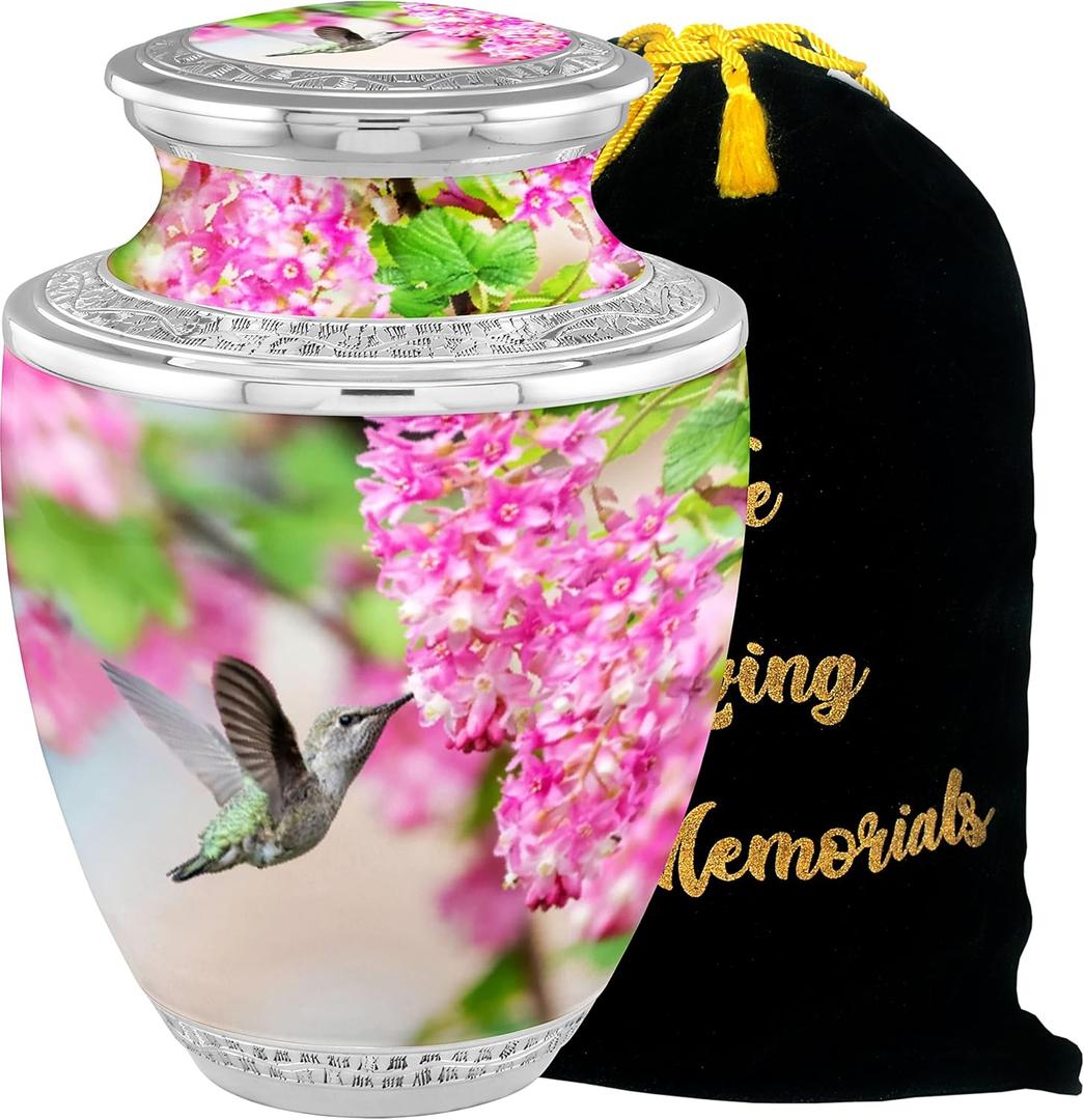 Aesthetic Hummingbird Cremation Urns - Handcrafted Funeral Decorative Urns for Adult Male and Female Ashes - 200lbs Burial Urns with Velvet Bag (Aesthetic Hummingbird No Medallion Fast Shipping)