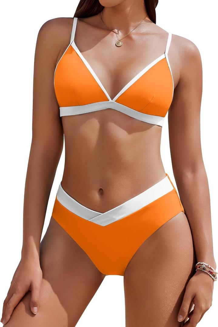 AI'MAGE Womens Sexy Triangle Bikini Set High Cut Bathing Suits Color Block Two Piece Swimsuit 2025 (Orange, Size XL)