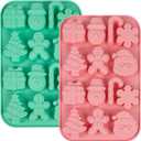 2PCS Christmas Silicone Cake Molds, 3D Christmas Chocolate Candy Molds, Snowflake Gingerbread Xmas Tree Cane Santa Snowman Shapes Baking Molds for DIY Candy Soap Jelly Ice Cube Tray Cake Topper