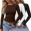Locoowai 3 Pack Women's Long Sleeve Shirts Crewneck Going Out Basic Tops Tight Slim Fit Side Ruched Crop Tees Y2k Outfits