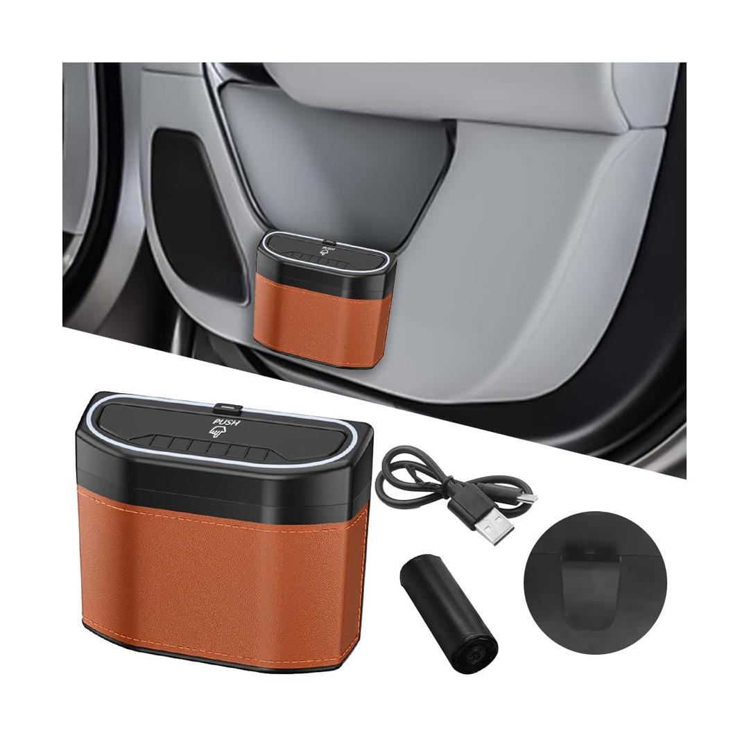 Car Trash Can with Lid, Leakproof Mini Vehicle Garbage Container Bin with LED Light, Auto Interior Front Back Seat Storage Organizer Dustbin, Universal for SUV, Sedan, Truck(Orange)
