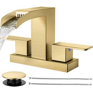 Cobbe Waterfall Bathroom Faucets 3 Hole, Brushed Gold Bathroom Sink Faucet Square 4 Inch Centerset with Pop-Up Drain, 2 Handle and 2 Supply Hoses, Lead-Free Stainless Steel for Vanity Sink Rv
