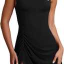 Womens Sexy Sleeveless Square Neck Bodycon Ruched Split Party Club Mini Tank Short Dress (Small, #2black)