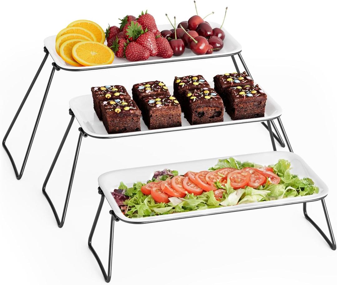 3 Tier Serving Tray Stand, Tiered Serving Platters Dishes with Collapsible Stack Stands, Reusable Serving Tray for Food Veggie Fruit Dessert Cupcake Appetizer, Party Catering Supplies