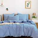 JELLYMONI 100% Natural Cotton 3pcs Striped Duvet Cover Sets, White Duvet Cover with Blue Stripes Pattern Printed Comforter Cover, with Zipper Closure & Corner Ties (Queen Size)